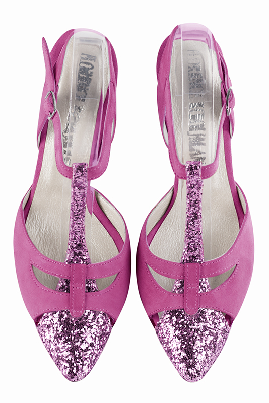 Hot pink women's elegant sneakers. Tapered toe. High slim heel. Top view - Florence KOOIJMAN